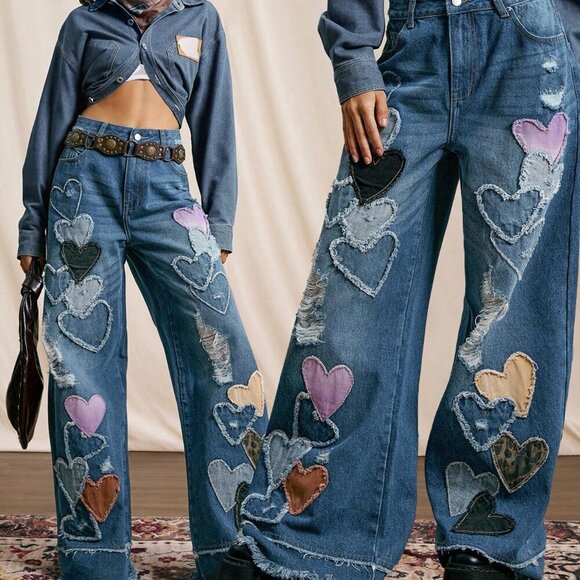 Blue Casual Women's patchwork Heart Pattern Washed Low-Rise Denim Jeans - Picture 1 of 7